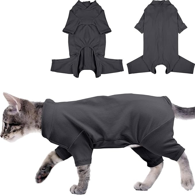Sticky Hair Cat Clothes, Breathable & Lightweight, Reduces Shedding Fur Pajamas, Full Body Long Sleeve Surgical Bodysuit, Stop Licking & Shedding Darkgrey 2XL