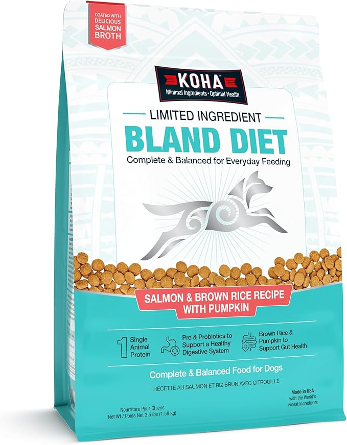 KOHA Limited Ingredient Bland Diet Dry Food for Dogs - Salmon & Brown Rice Recipe, Sensitive Stomach Dog Food with Pre & Probiotics - Pumpkin for Digestive Support, 3.5 lbs
