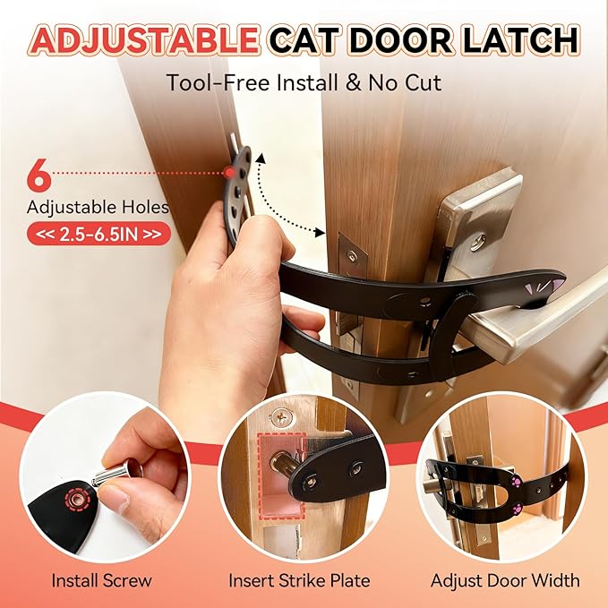 Cat Door Latch,2 Pcs Door Prop for Cats to Keep Dogs Out of Litter Box and Food, Preventing Hand Pinching, Cat Door Stopper with 6 Adjustable Straps 2.5-6.5" Wide, Including Door Plate, Black