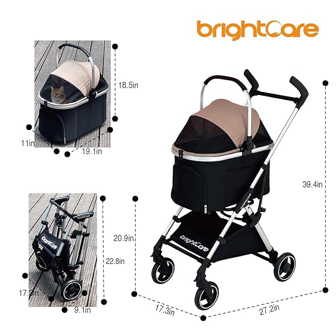 3-in-1 Small Pet Stroller for Small Dogs & Cats Under 20 lb with Detachable Carrier, Converts to Car Seat, Ultra-Lightweight only 11lb, One-Hand Fold
