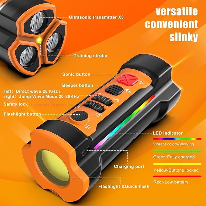 Dog Bark Deterrent Devices 2025 Release Anti Barking Device for Dogs Barking Silencer in 55FT 3X Head Anti Bark Device with Flashlight &Party Flashlight Portable Training Tool