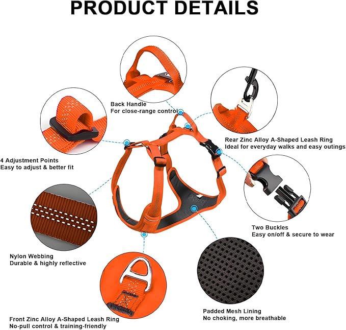 No Pull Dog Harness for Small Dogs, Adjustable, Reflective Breathable Padded Vest with 2 Metal Leash Clips and Handle for Control or Car Seatbelt Use, Orange, S