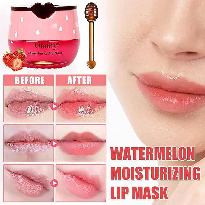 3Pcs Bee Lip Balm Lip Mask Honey Pot, Galentines & Valentines Day Gifts, Strawberry, Watermelon, Honey Balm Party Favors, Moisturizing Lip Mask Overnight Reduces Lip Lines Prevention Dry Lip
