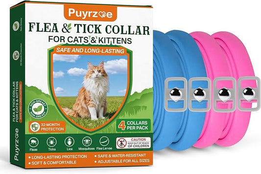 Flea Collar for Cats 4 Pack, Natural Cat Flea and Tick Prevention Collar, 32-Month Full Protection, Adjustable Cat Flea and Tick for Kittens and Cats, Waterproof, 2 Pink & 2 Blue