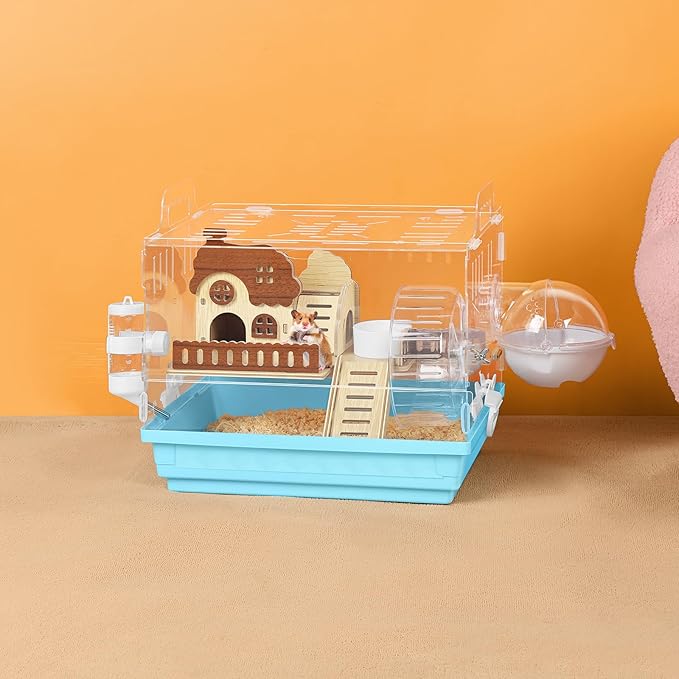 Acrylic Hamster Cage Small Hamster Habitat 360 Viewing Hamster Enclosure with Running Wheel & Chewproof Hideout for Dwarf, Guinea Pig, Gerbils, Blue, 13.3" L*10.2" W*12.4" H