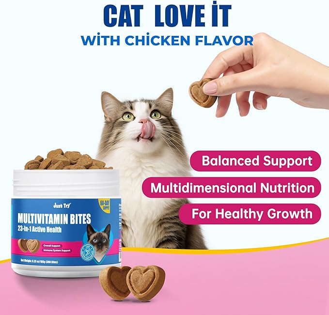 Just Try 23 in 1 Taurine for Cats Vitamins Treats with L-Lysine for Immune, Joint Support Skin & Coat & Heart Health - Multivitamin, Omega 3, Biotin Supplements for Indoor & Senior Cats - 300 Bites