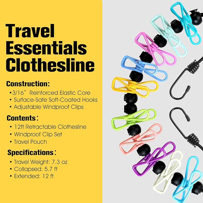 Clothesline Camping Essentials, Elastic Travel Clothes Line Camping Gear for Outdoor Glamping, Cruise and RV Must Haves, 4 Count