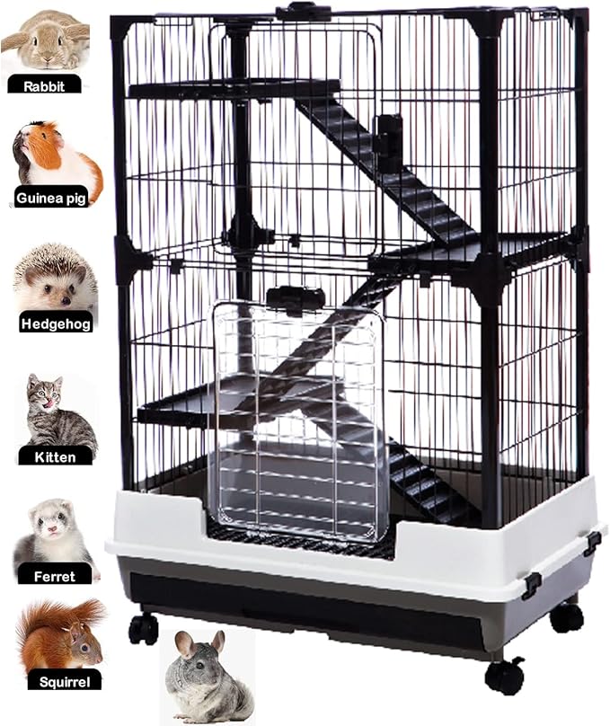 Large Deluxe in/Outdoor Guinea Pig Chinchilla Ferret Squirrel Hedgehog Kitten Rabbit Bunny Hutch House Critter Habitat Paw Safe Platform Ladder Easy Clean Bottom Mesh Floor Pull Out Tray On Wheels