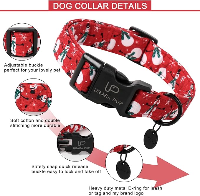 Red Christmas Dog Collar, Cute Snowman Christmas Collar with Quick Release, Comfortable Cotton Dog Collars for Puppy Girl Boy Dogs