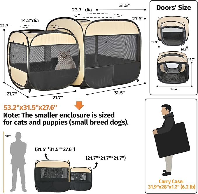 2-in-1 Portable Cat Playpen, Pop up Pet Kennel Play Pen Cat Tent House Cage, Foldable Puppy Enclosure Kitten Crates Indoors Outdoor(Beige)(No Divider, Pass-Through)