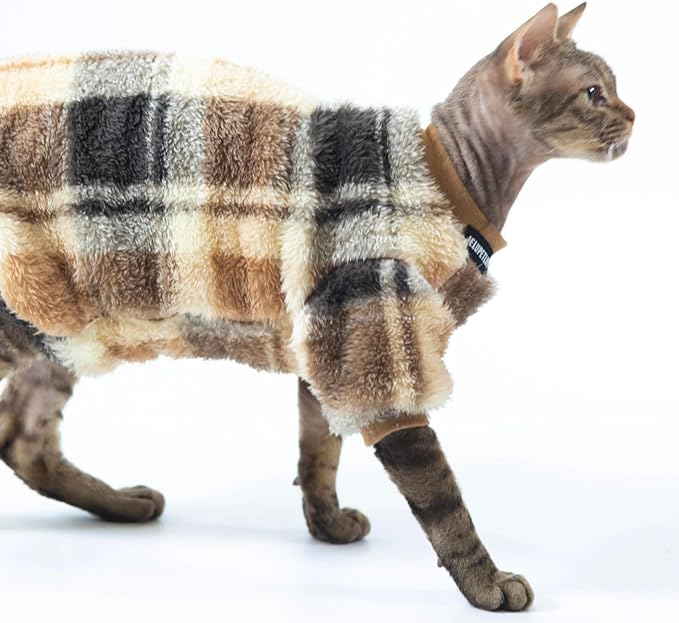 Cat Double-Sided Fleece Clothes, Soft Warm Winter Jumpsuit Sweater Shirt Clothing for Hairless Sphynx, Devon & All Indoor Kittens (Khaki,XL)