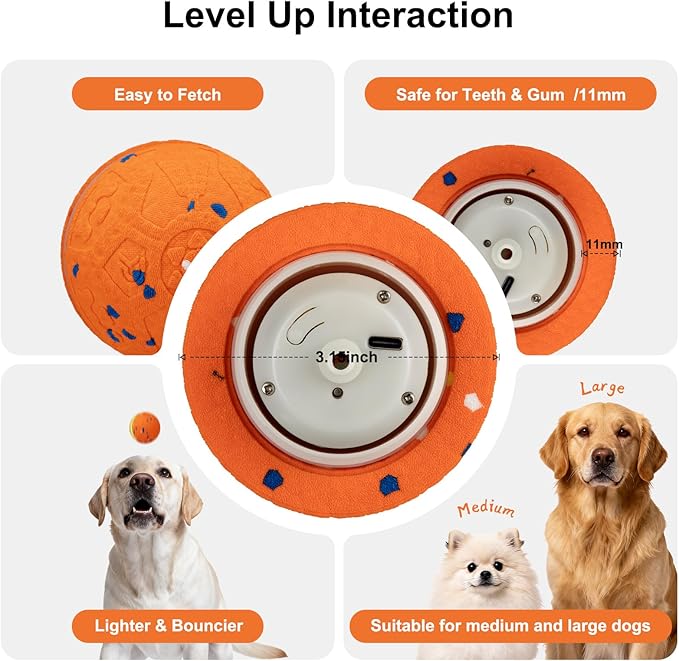 Interactive Dog Toys Dog Ball, Durable E-TPU Material,3 Play Modes with Colorful Lights, Automatic Moving, Bouncing and Rotating for Medium and Large Dogs Indoor & Outdoor (Orange)