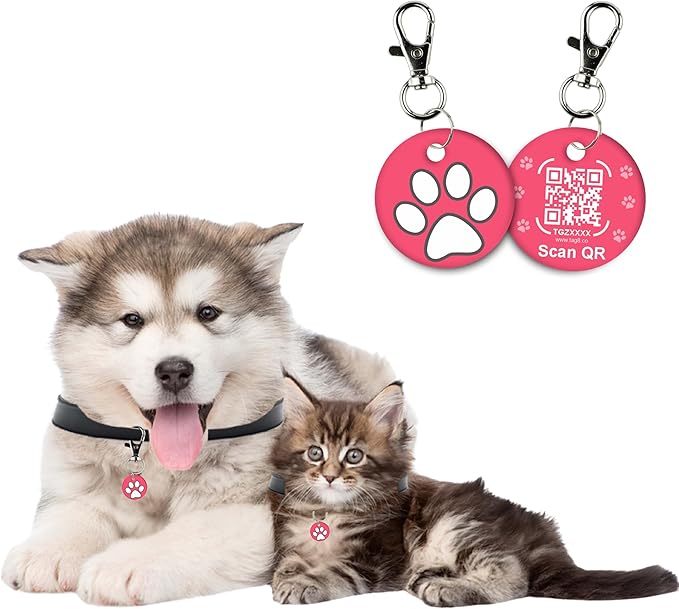 tag8 QR Code ID Tag for Dogs & Cats, Real-Time Scan Alerts, Online Pet Info Access, No Subscription or Fees, Durable Pet Tag for Collars - Pink