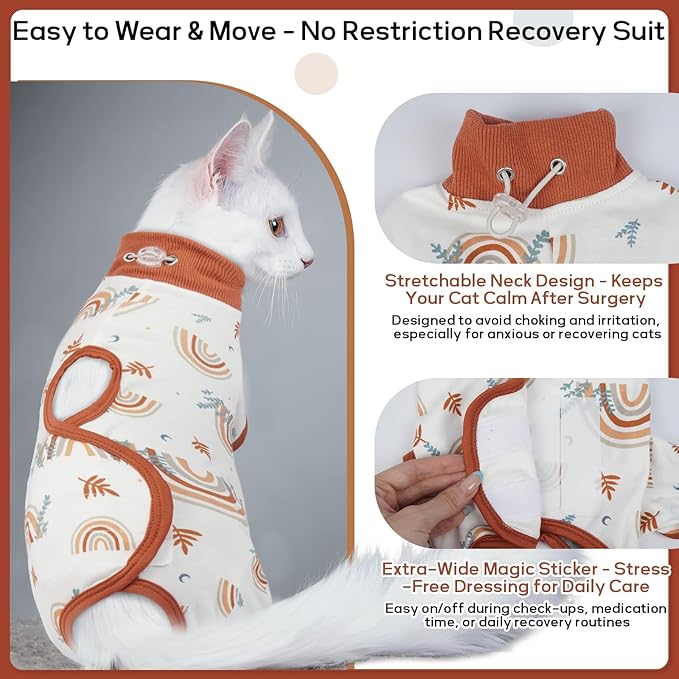 QBLEEV Cat Recovery Suit for Post Surgery, Spay Neuter Suit for Cats, Soft Stretchy Cotton Cat Onesie for Skin Diseases, Anti-Lick Surgical Shirt Pajamas for Abdominal Wound, Kitten Cone Alternative