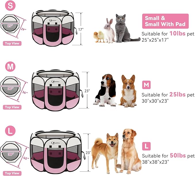 Dog Cat Playpen, Puppy Pet Playpen Indoor for Dog Crate Tent Cage Outdoor, Portable Pop Up Dogs Enclosure Kennel with Carrying Case for Dogs/Cats/Rabbits (Pink with Pad, Medium)