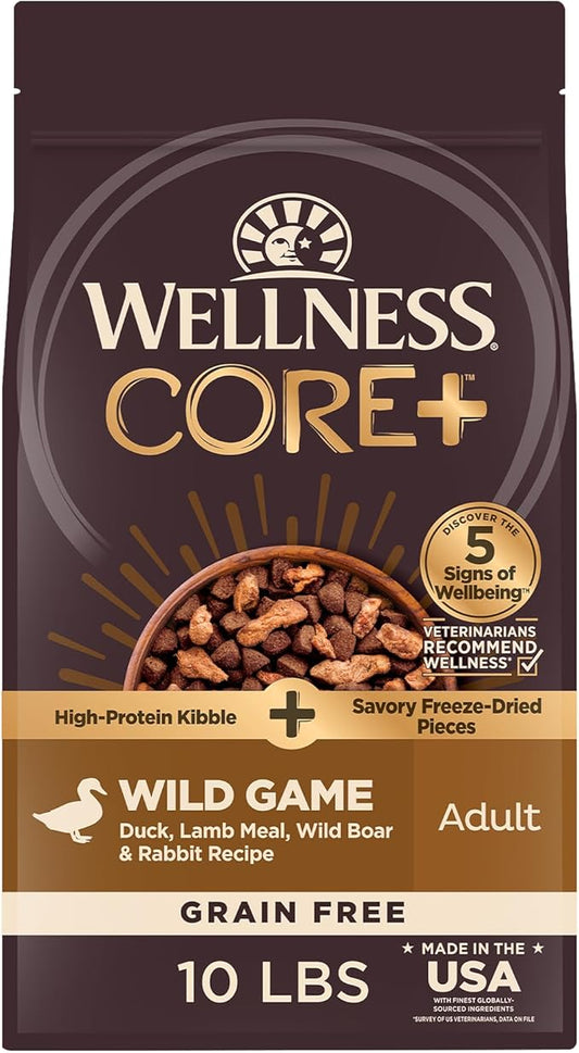 Wellness CORE+ Dry Dog Food with Freeze Dried Pieces, Grain Free, High Protein, Natural, Wild Game Duck, Lamb, Wild Boar, & Rabbit Recipe, (10-Pound Bag)