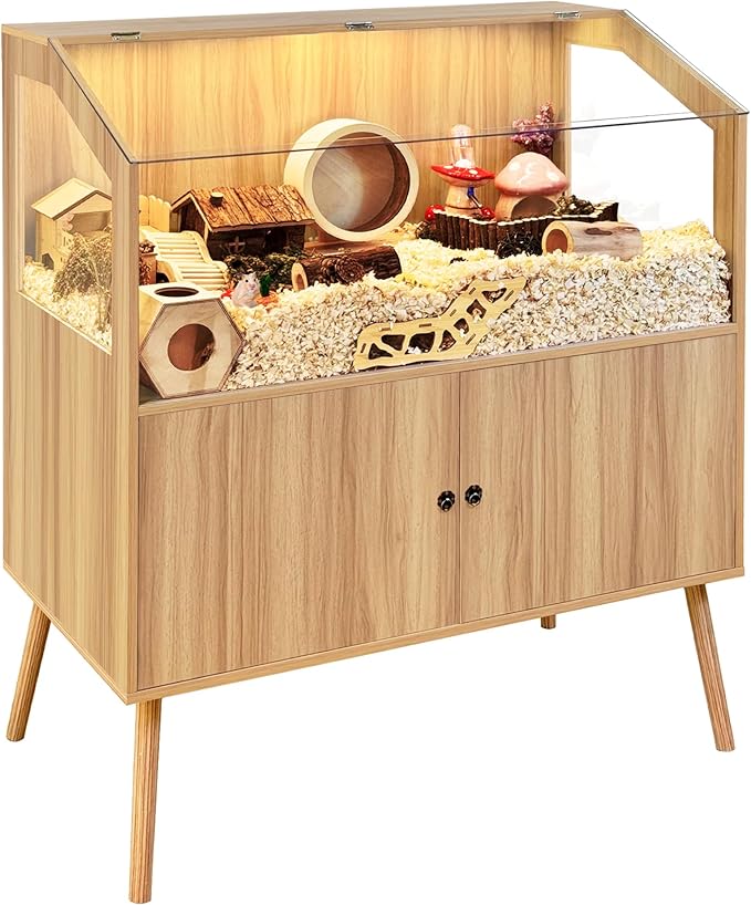 PROLEE Hamster Cage with Storage Cabinet,Large Hamster Encloure Chew Proof Wood,Clear View Hamster Habitat for Guinea Pig, Ferret, Rat, Hedgehog, 40" L x 20" W x 47" H (Oak)