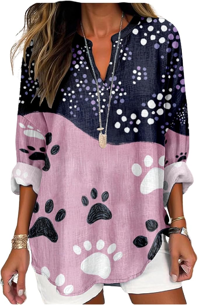 MARSVOVO Cat Shirts for Women Long Sleeve Cute Cat Pullover Graphic Novelty V Neck Blouse Oversized Funny Tunic Tops
