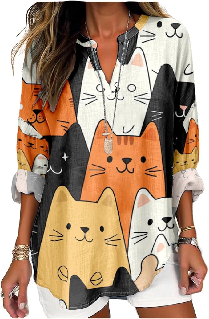 MARSVOVO Cat Shirts for Women Long Sleeve Cute Cat Pullover Graphic Novelty V Neck Blouse Oversized Funny Tunic Tops
