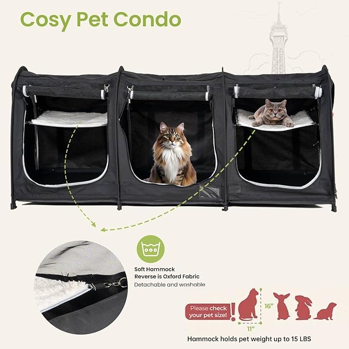 Portable Three Compartment Show House Cat Cage Condo - Easy to Fold & Carry Kennel - Comfy Puppy Home & Dog Travel Crate with Portable Carry Bag,2 Hammocks,3 Mats and Collapsible Litter Boxs