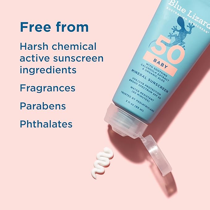 BLUE LIZARD Baby Mineral Sunscreen with Zinc Oxide, SPF 50+, Water Resistant, UVA/UVB Protection with Smart Cap Technology - Fragrance Free, 3 Ounce Tube