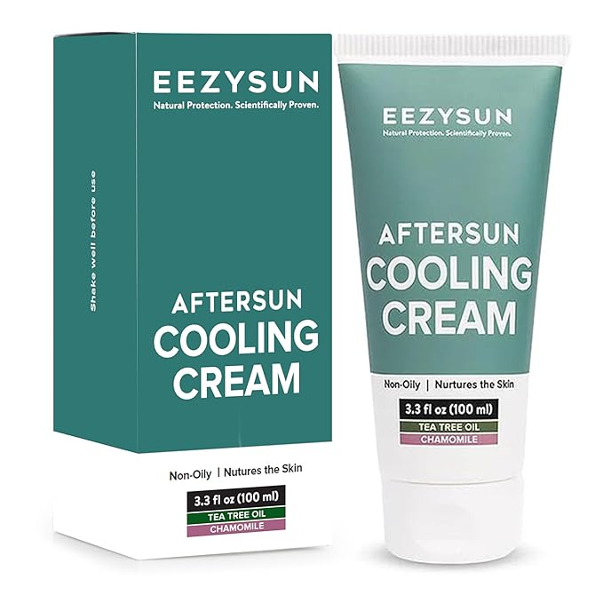 AfterSun Cooling Cream - Vegan After Sun Lotion with Aloe Vera, Tea Tree Oil, Chamomile - Soothes, Hydrates Sunburn - Outdoor, Vacation, Beach Essentials, After Sun Skin Care - 3.3 fl oz