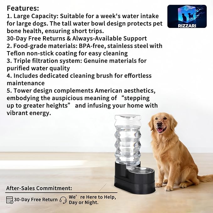 RIZZARI Upgraded Automatic Dog Water Dispenser: 9L Black Gravity Large Stainless Steel Raised Pet Feeder with Filter - Includes 2 Extra Filters & 2 Bottle Caps - Pet Feeder for Dogs Indoor Outdoor