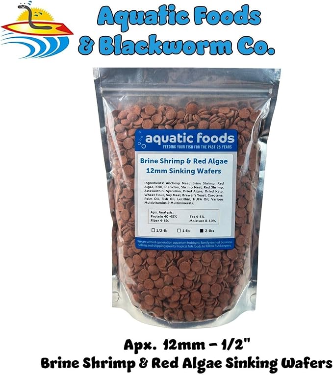 Aquatic Foods Inc. 12mm - 1/2" Brine Shrimp & Red Algae Color Enhancing Sinking Wafers for Shrimp, Snails, Crabs, Plecos, Catfish. Bottom and All Tropical Fish...WL…2-lbs Foil Pouch Bag