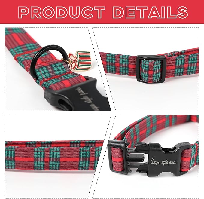 Unique Style Paws Christmas Dog Collar Plastic Buckle with Pendant Red Green Scottish Plaid Cotton Puppy Collars for Small Medium Large Dogs