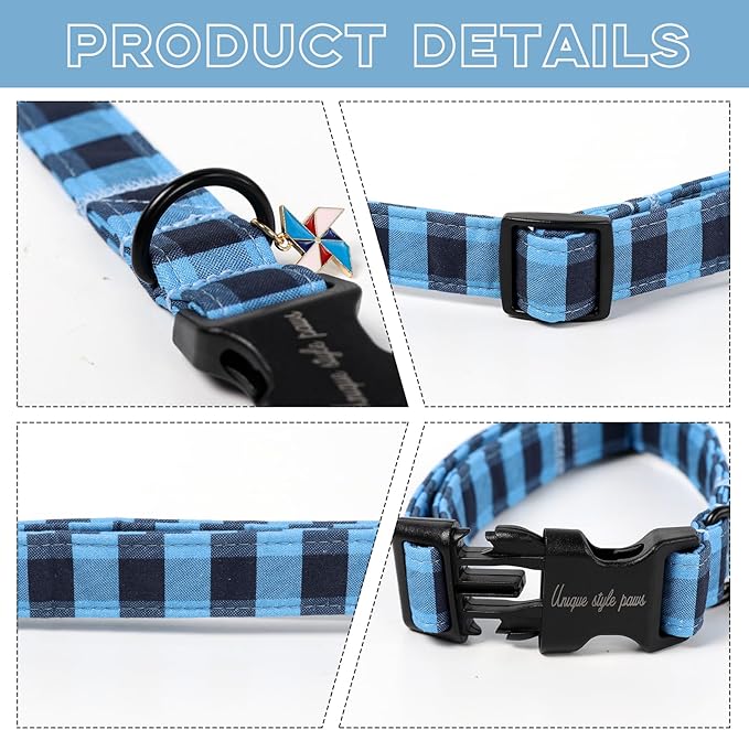 Unique Style Paws Christmas Dog Collar Plastic Buckle with Pendant Black Blue Plaid Cotton Puppy Collars for Small Medium Large Dogs