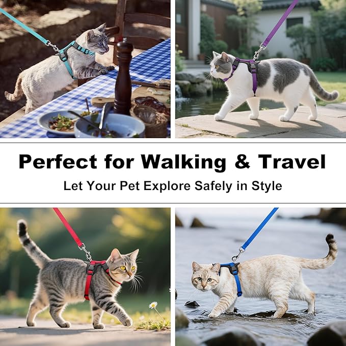 Plutus Pet Adjustable Cat Harness and Leash Set, Quick Release, Escape Proof Nylon Vest with Leather Trim for Kitten, Small Medium Large Cats, Light Blue