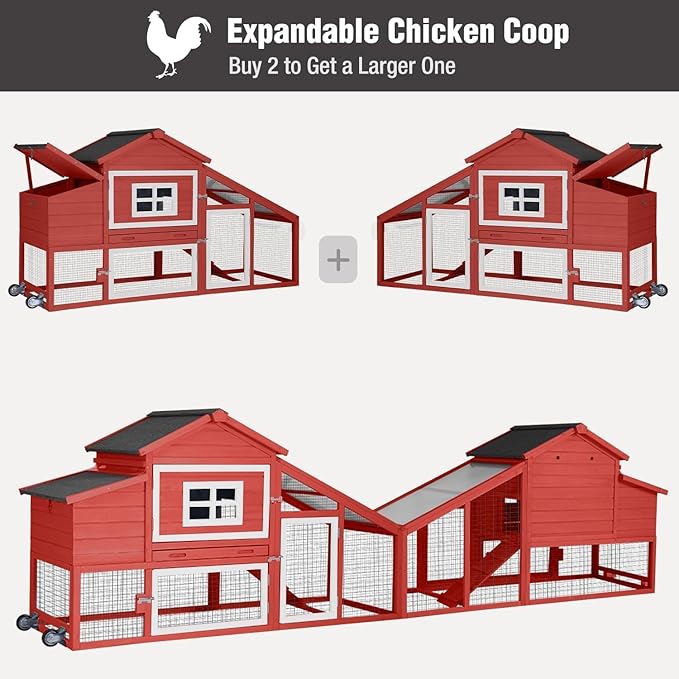 Chicken Coop with Wheels, Mobile Outdoor Chicken House with Leakproof Pull-on Tray, Nesting Box, Waterproof Roof - Red