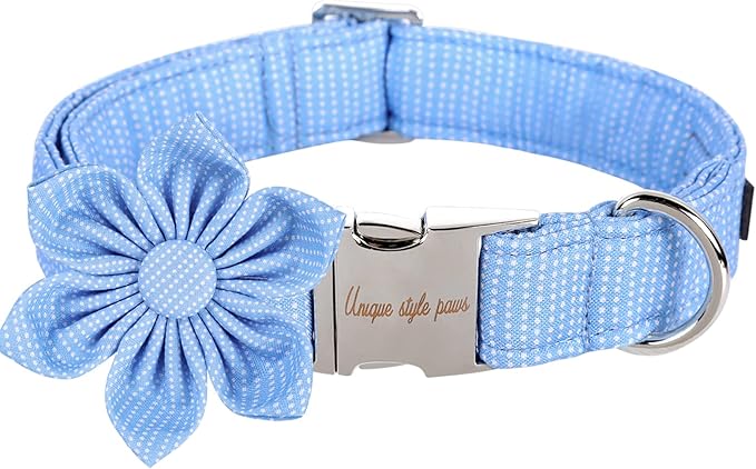 Unique style paws Dog Collar with Flower Tie Blue Dot Summer Dog Collar for Small Medium Large Dogs with Adjustable Metal Buckle -XL