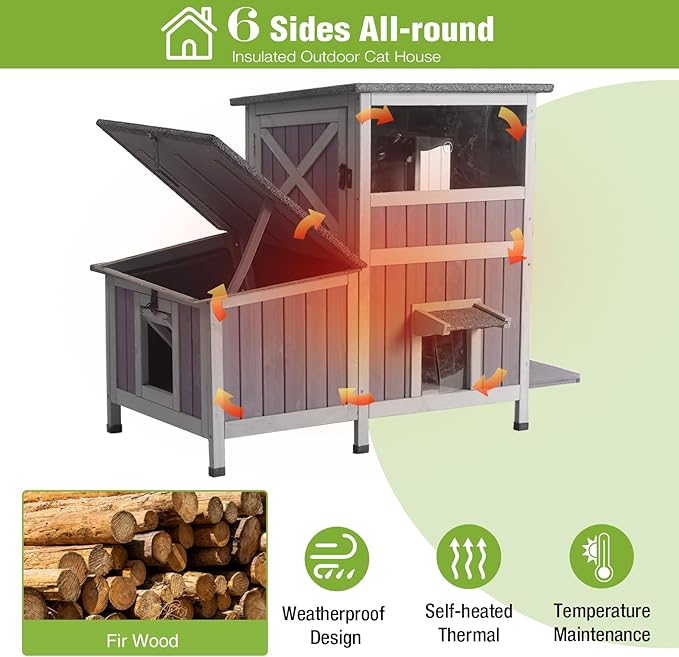 GUTINNEEN Large Outdoor Cat House Insulated 2-Section Indestructible Cat Condo Weatherproof Feral Cat Shelter with 3 Escape Doors for 1-6 Feral Barn Cats in Winter, 43.3" L x29.4 D x33.4 H