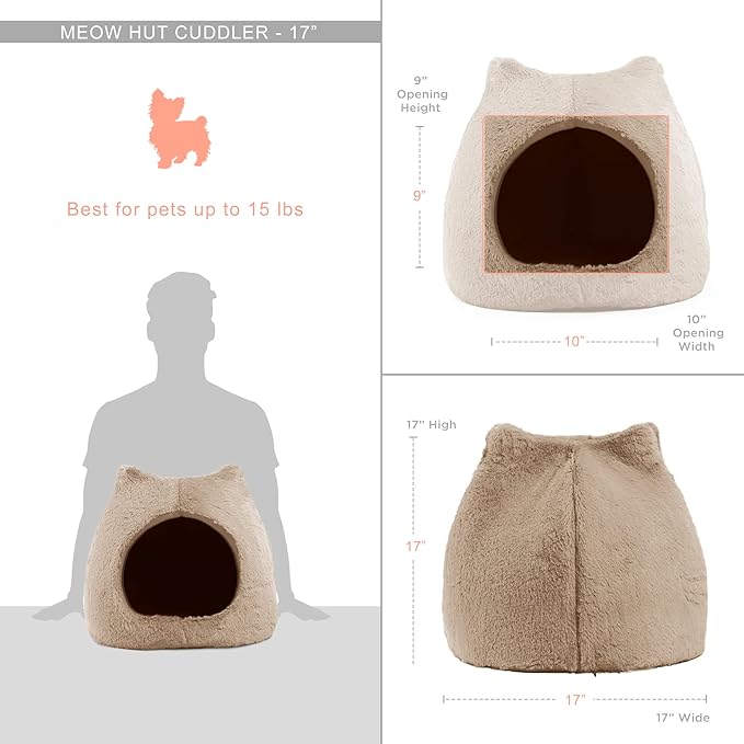 Best Friends by Sheri Meow Hut Fur Dome Pet Bed – Covered Cat Cave for Cats & Small Dogs up to 15 lbs, Faux Fur Hideaway with Water-Resistant Bottom, Machine Washable, Wheat