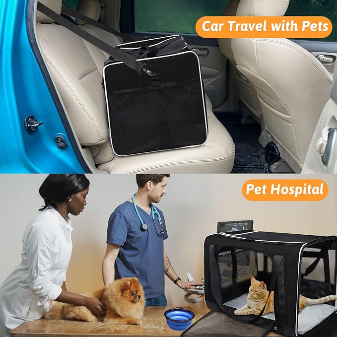 Petskd Extra Large Pet Carrier 24"x17"x17" for Large Cat or Medium Dog, Collapsible Soft Sided Dog cat Carrier for Long Trips with Lockable Safety Zippers(Black)