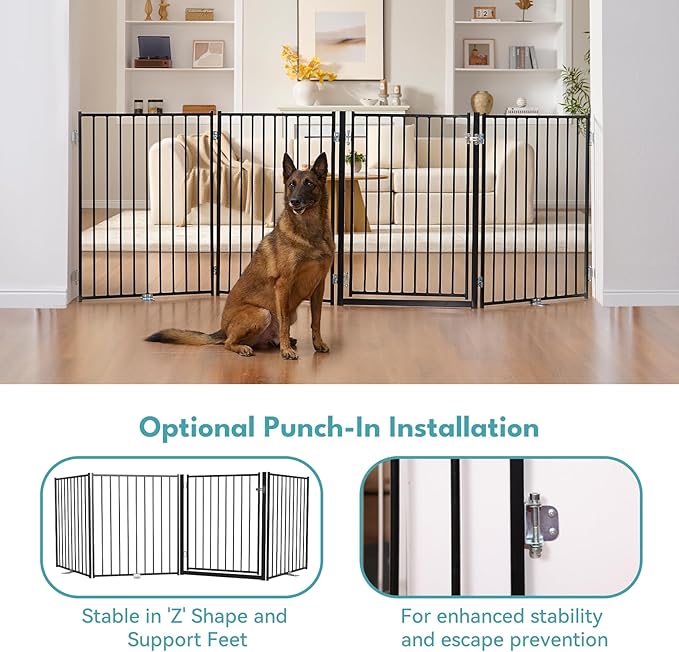 No Pawblems Free Standing Dog Gate with Door, 36'' Tall Foldable Dog Fence for Indoor & Outdoor, Up to 78 Inch Extra Wide Puppy Gate for Stairs, Hallways, Doorways, Deck, Yard (Black, 3 Panels)