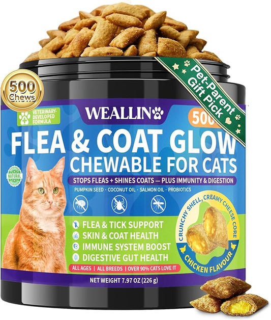Flea and Tick Prevention for Cats - 500 Crunchy & Creamy Chews, Cat Flea Treatment with Skin & Coat Support, Oral Natural Flea Chewables for Gut & Immunity Support for All Breeds & Ages Chicken Flavor