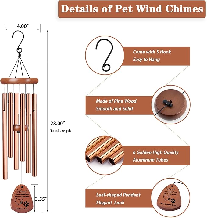 Dog Memorial Gifts, 28" Pet Memorial Wind Chimes, Pet Loss Sympathy Gift, Loss of Dog Remembrance Condolences Passing Away Gift
