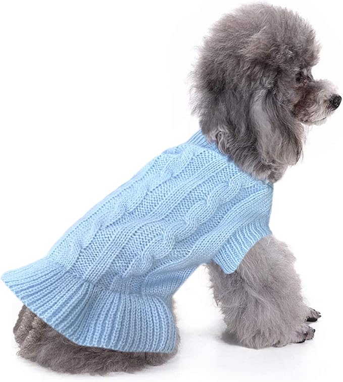 CHBORCHICEN Small Dog Sweaters Knitted Pet Cat Warm Dog Sweatshirt Winter Clothes Kitten Puppy Sweater (S, Dress-Light Blue)