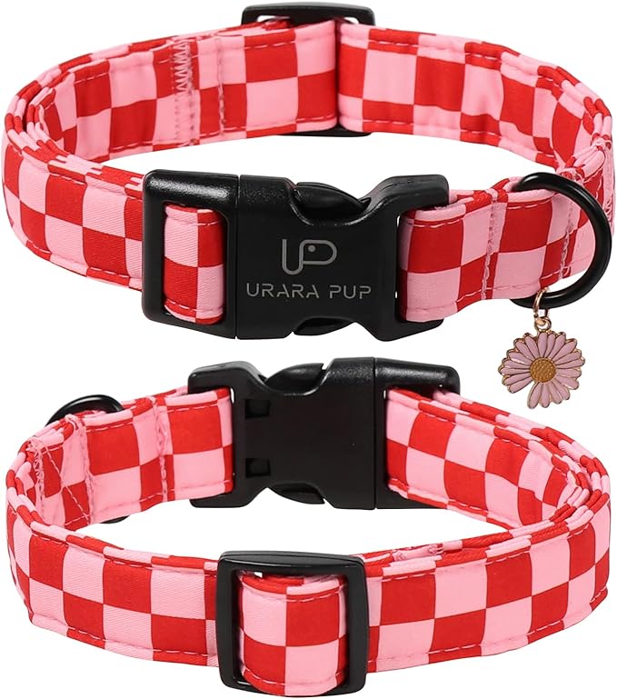 Red and Pink Plaid Dog Collarwith Bow Tie– Adjustable Red & Pink Checkered Dog Collar for Small Medium Large Dogs, Soft Xmas Plaid Puppy Collars with Quick Release Buckle S