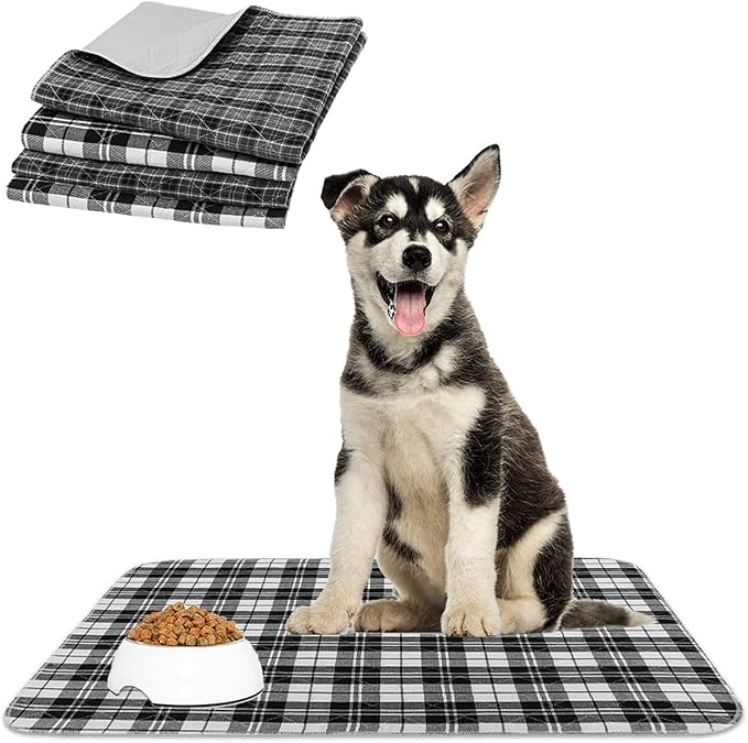 KOOLTAIL Washable Pee Pads for Dogs - Waterproof & Non-Slip Plaid Puppy Potty Training Pads, Reusable Whelping Pads, Dog Food Feeding Mat,Black & Grey