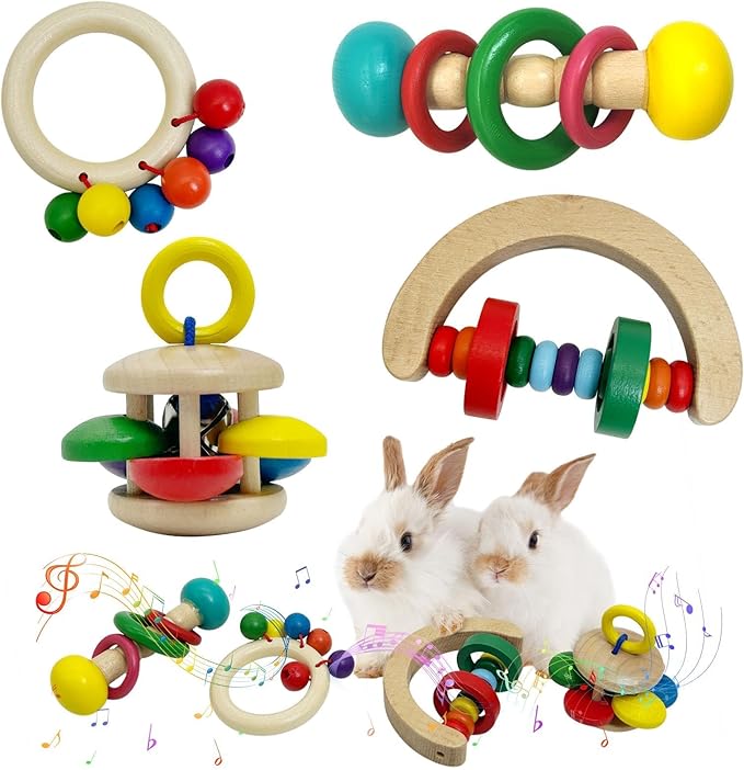 PINVNBY 4 PCS Wooden Bunny Toys Interactive Rabbit Toys Multi-Colored Guinea Pig Teeth Grinding Toy for Chinchillas Hamsters Rats and Small Animals Indoor Outdoor Playing