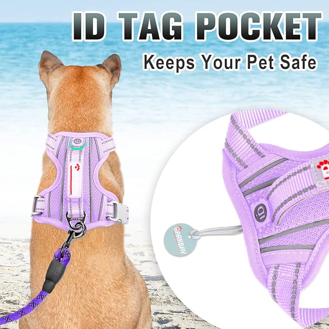 BARKBAY No Pull Dog Harness Large Reflective Dog Harness with Front Clip and Easy Control Handle for Walking Training Running with ID tag Pocket(Violet Purple,M)