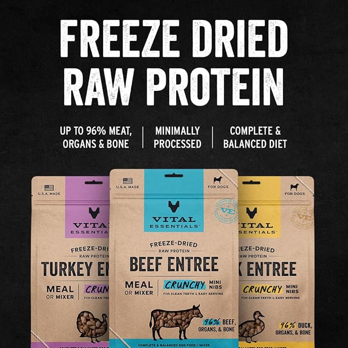 Vital Essentials Freeze-Dried Raw Dog Food, Duck Crunchy Mini Nibs | Complete Meal or Mixer | High Protein Dog Food | 14 oz