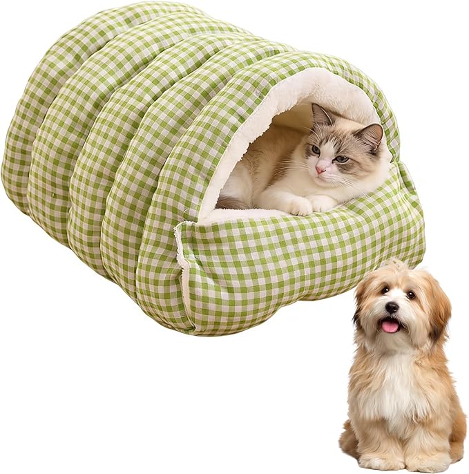 Cat Dog Cave Bed, 2026 New Winter Cave for Cat and Small Dog, Warm Plush Covered Cat House with Removable Cushion,Soft Calming Indoor Cat Bed (Green Plaid, M(14 * 12 * 8inch)