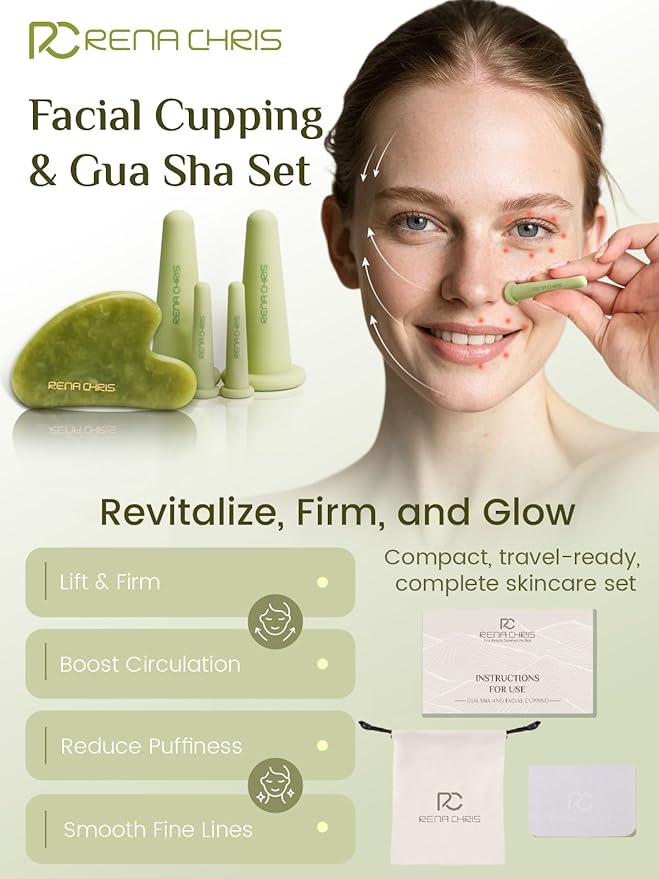 Rena Chris Facial Cupping Set & Gua Sha Tool - Jade Stone, Silicone Facial Cupping, Puffiness & Lip Plumping Therapy for Natural Skin Care