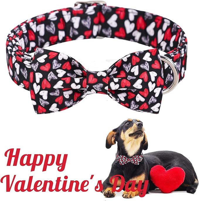 Unique style paws Valentine's Day Dog Collar with Bow Tie Black & Red Heart Puppy Collar Best Gothic Style Gift for Small Medium Large Boys Girls-XL