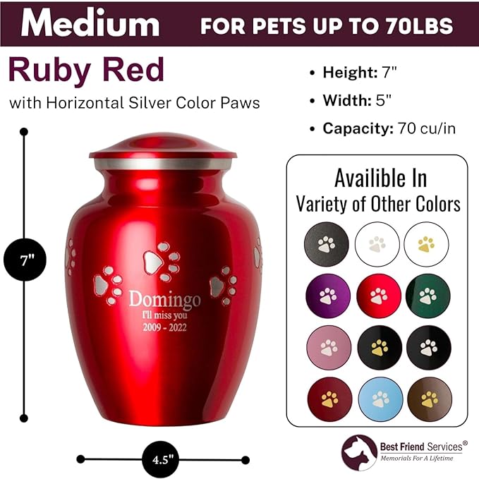 Pet Urn for Dogs and Cats with Personalized Laser Engraving, Ottillie Paws Premier Series Memorial Urns (Medium Ruby Red with Horizontal Pewter Paws)