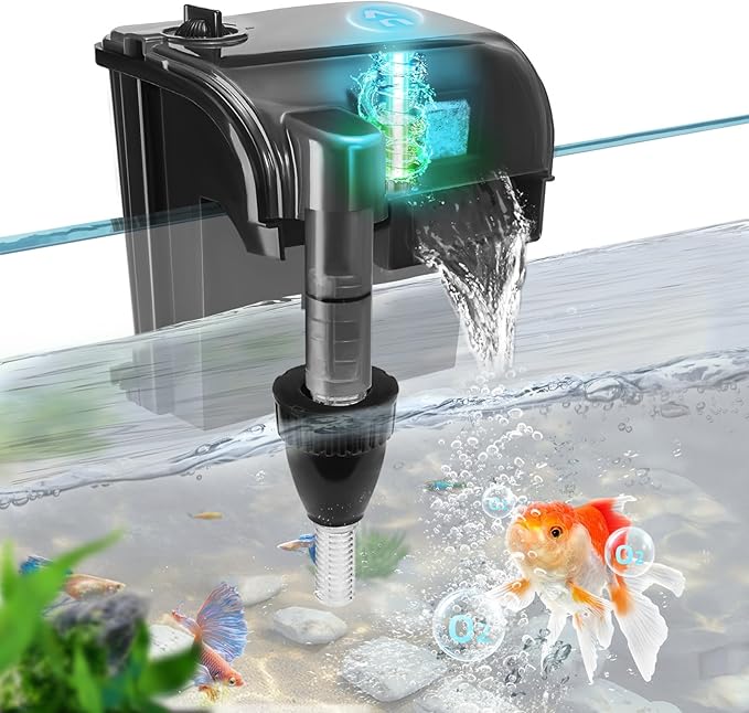 Hang on Back Aquarium Power Filter for 20-40 Gal. Fish Tank w/ Detachable U-V Light Surface Skimmer 158GPH 4-Stage Deodorization Keep Saltwater Freshwater Clear Green Clean Machine (WP-607H-U-V)